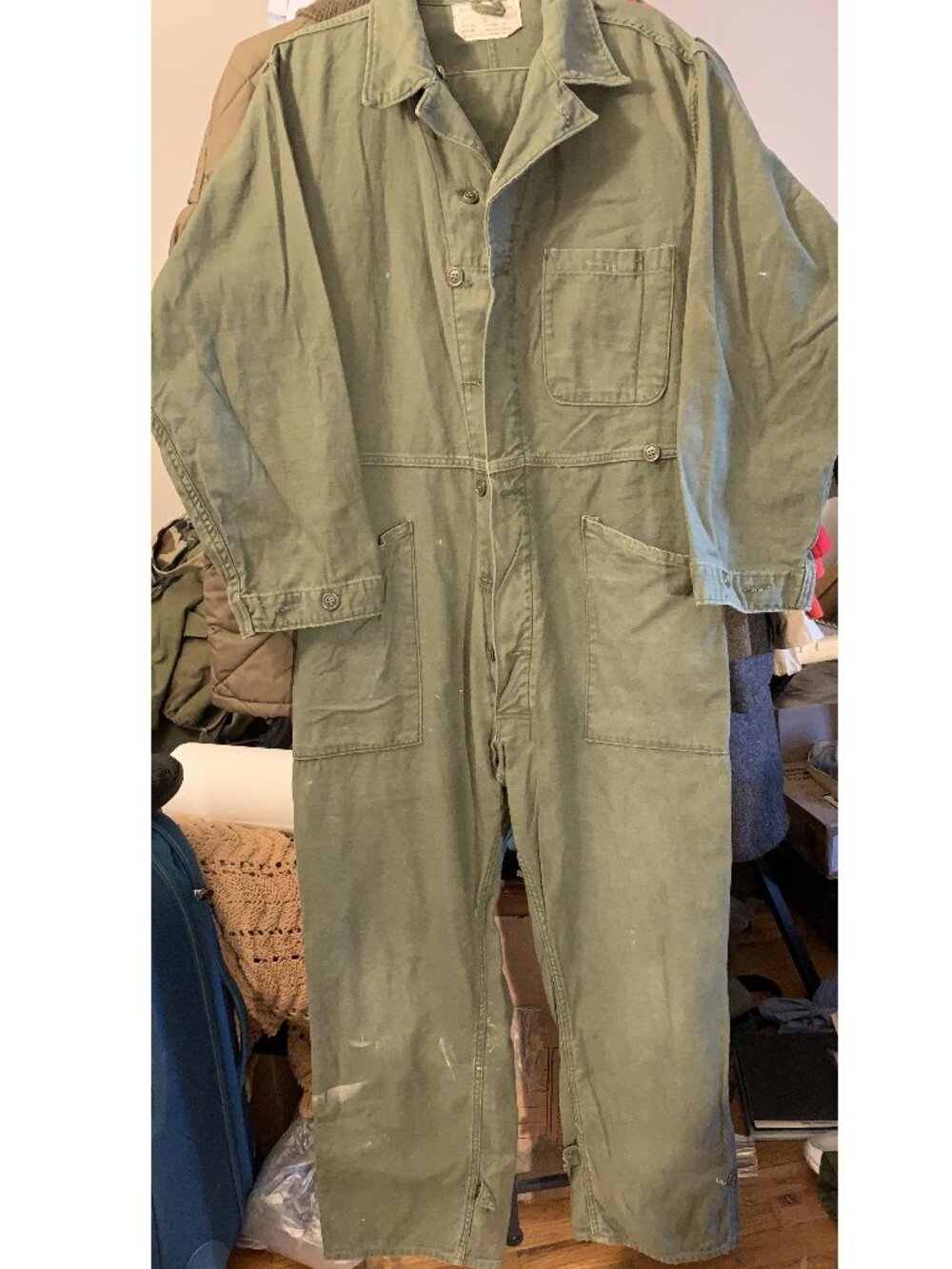 80s US Army OG-107 Cotton Sateen Fatigues Coveralls Mechanic Jumpsuit - L